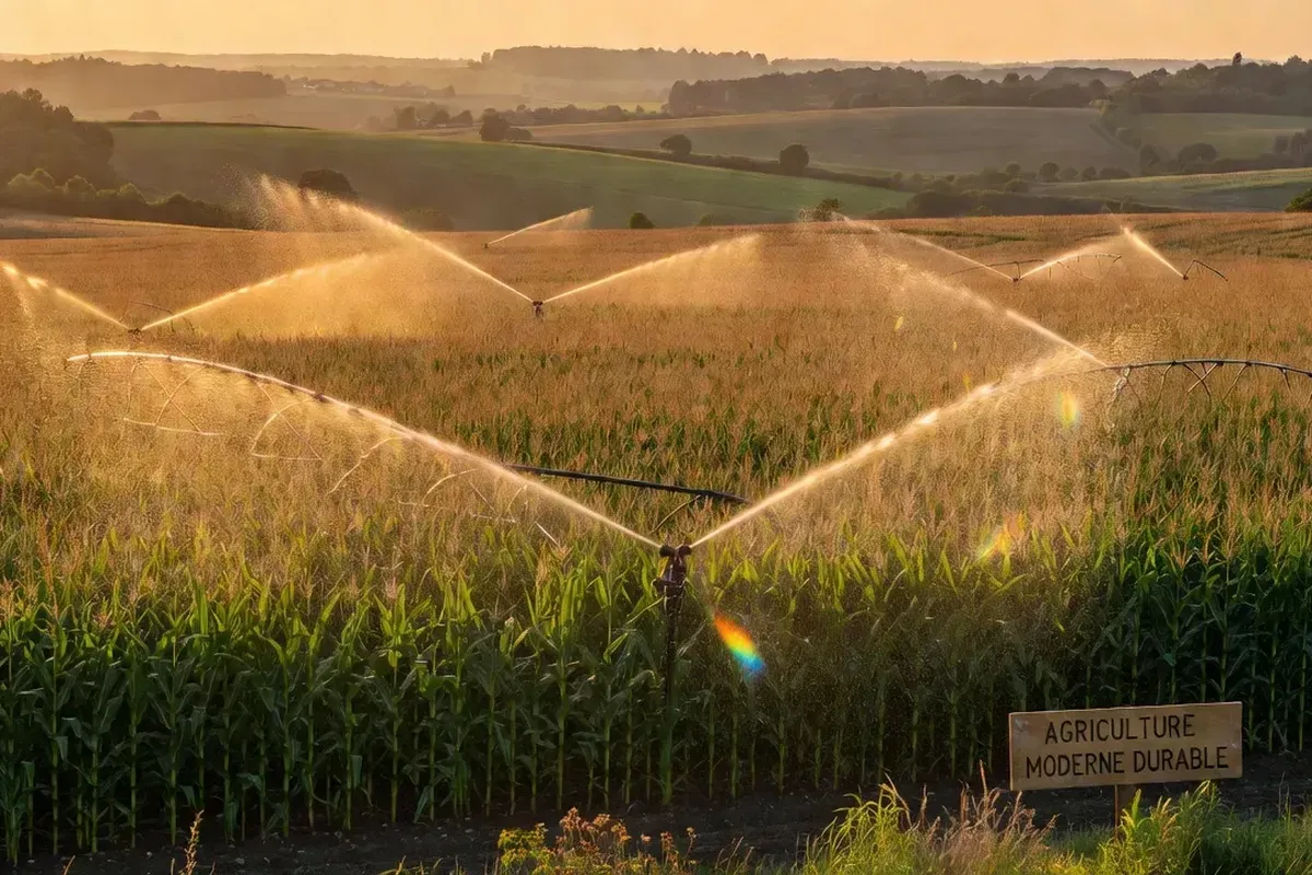 Champ de maïs avec irrigation automatique sous la canicule en Franche-Comté 2026
