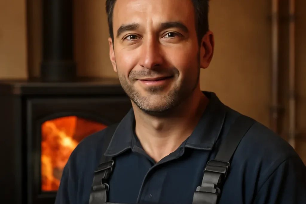 Portrait de Thierry Grandvallet, artisan chauffagiste, devant un poêle à bois