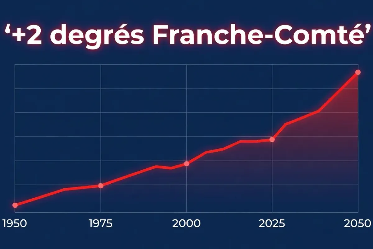 Graphique de courbe de températures montantes en Franche-Comté, données climatiques 2026