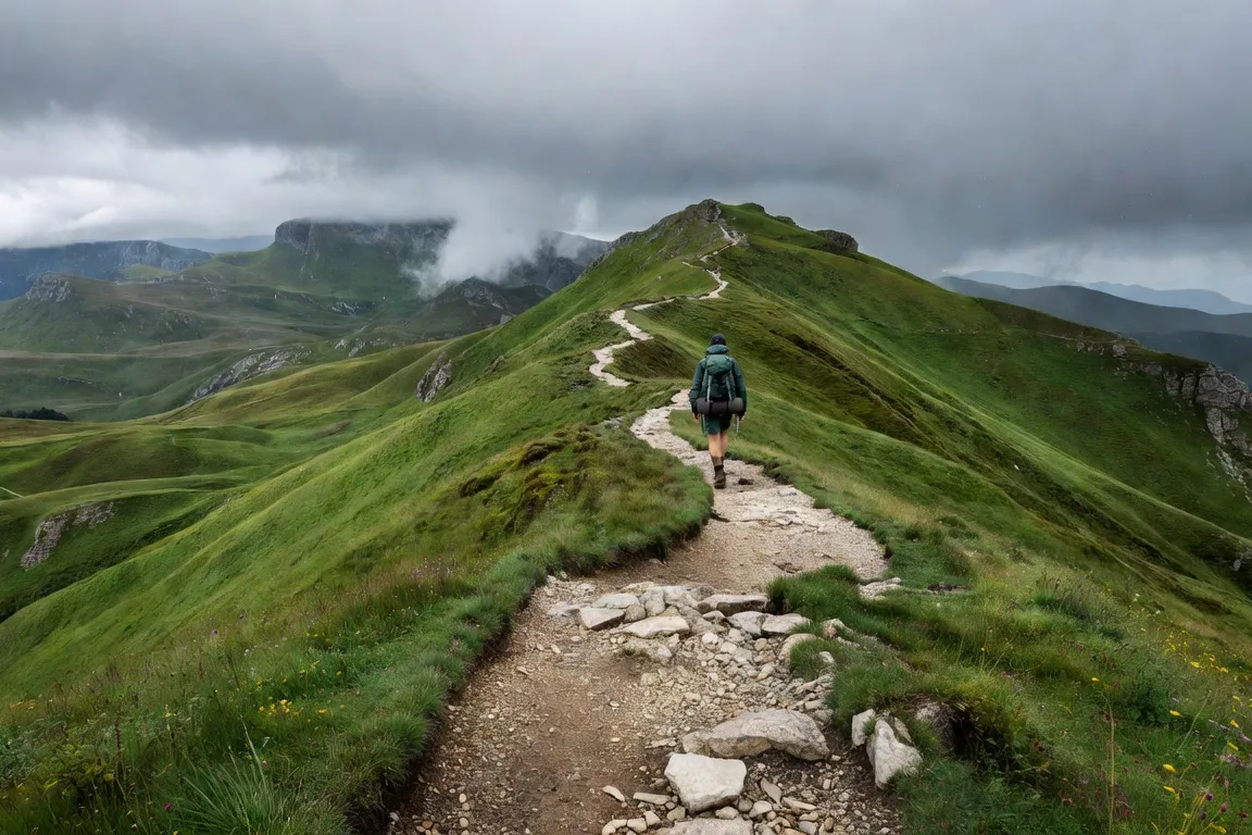 Sentier de randonnée sur les crêtes du Jura près de Métabief par temps nuageux