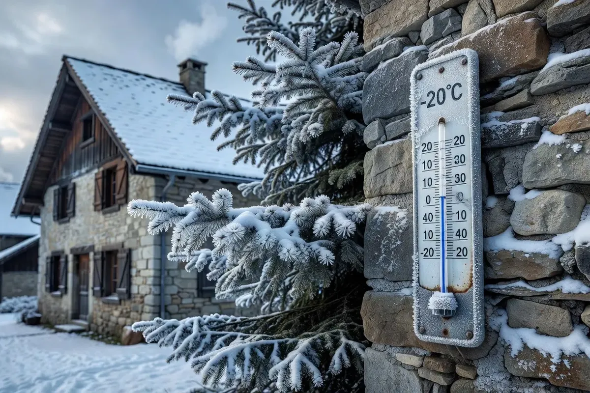 Thermomètre extérieur indiquant -20°C fixé à un mur en pierre comtois, givre sur les branches