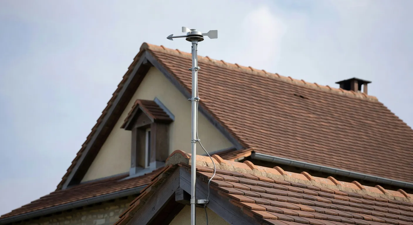 Anémomètre Davis Vantage Vue installé sur le faîtage d'une maison individuelle