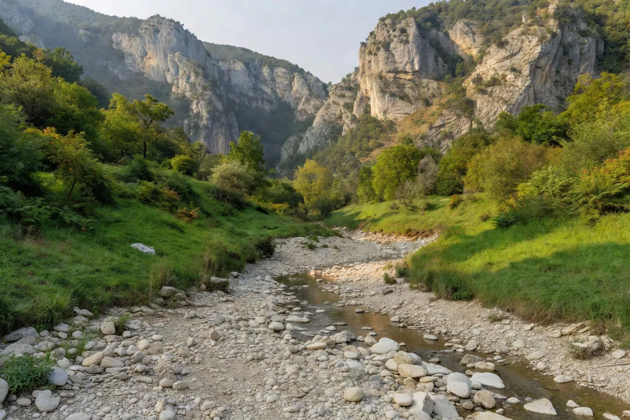 Vue de la vallee de la Loue en periode de stiage estival avec lit de riviere reduit