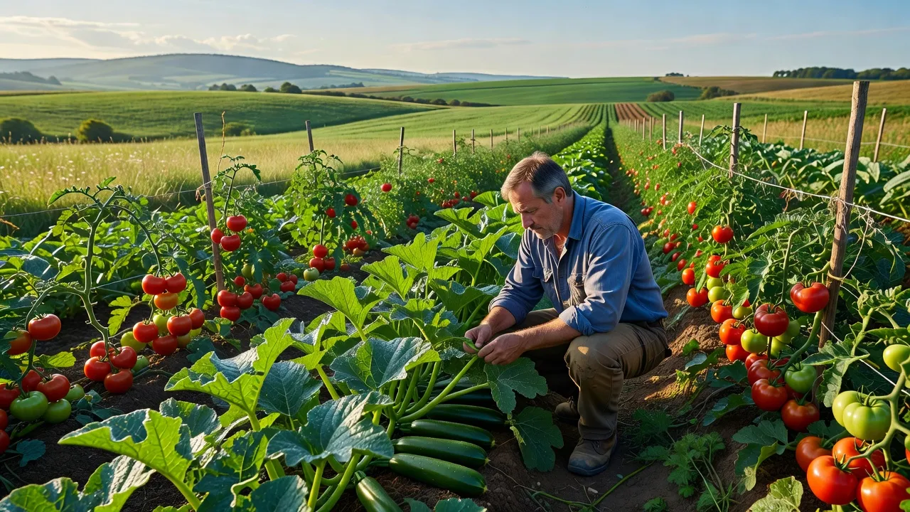 Cultures bio en plein champ à Gray : rangées de légumes avec paillage organique visible entre les plants