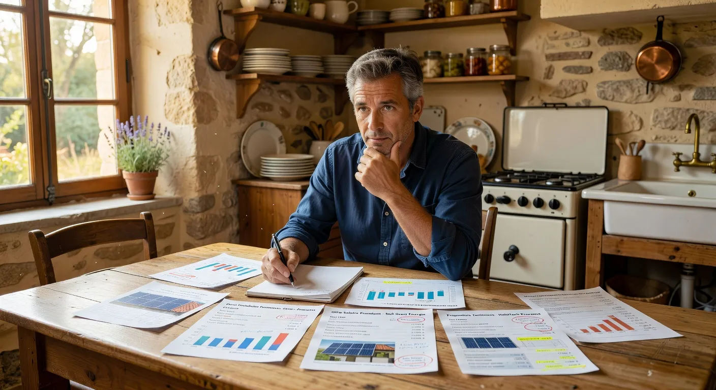 Propriétaire franc-comtois comparant des devis d'installation solaire à sa table de cuisine, documents et ordinateur visible