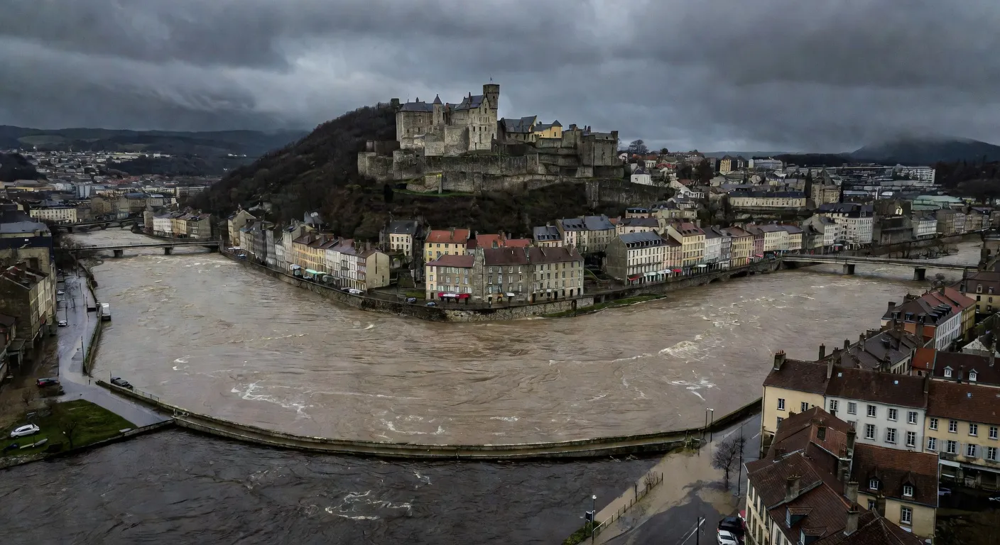 Vue du Doubs en crue à Besançon, berges inondées dans le quartier Battant avec le niveau d'eau atteignant les quais