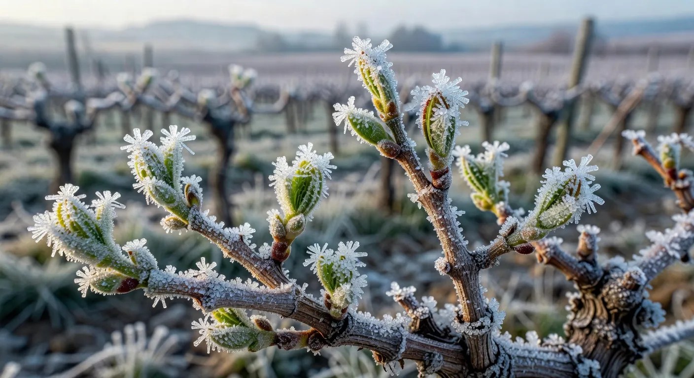 Bourgeons de vigne couverts de glace après gelée blanche matinale dans le vignoble jurassien