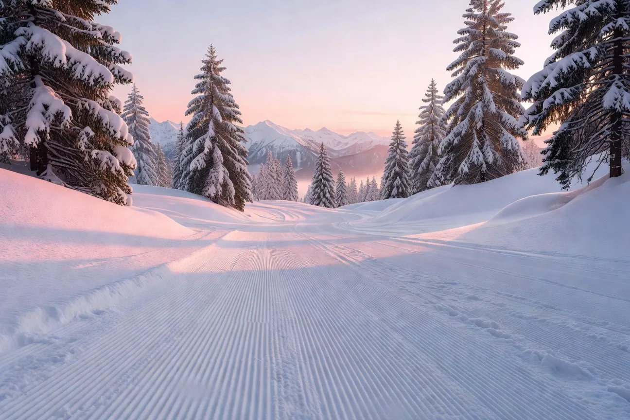 Pistes de ski enneigées au lever du soleil dans le Haut-Jura avec sapins givrés