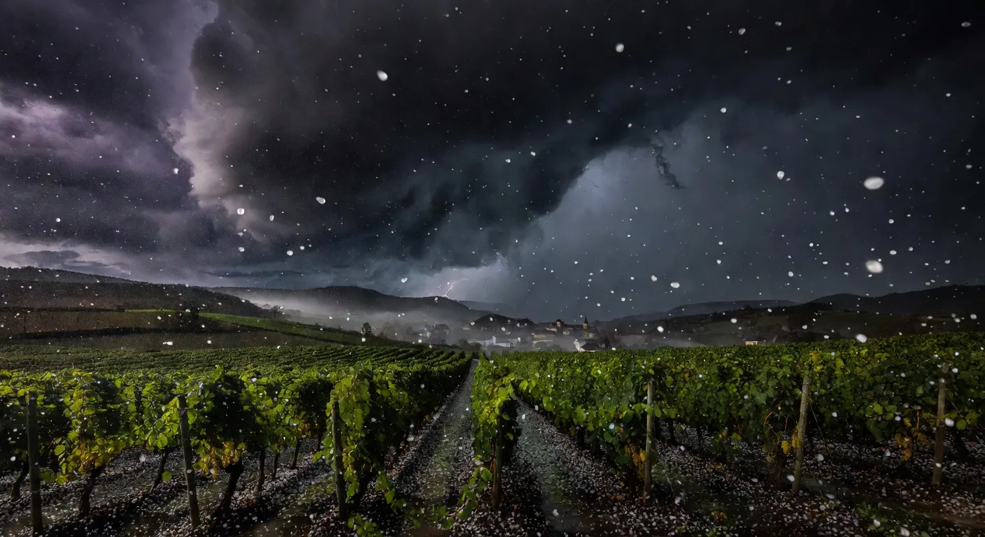 Ciel orageux noir et menaçant au-dessus du vignoble jurassien d'Arbois