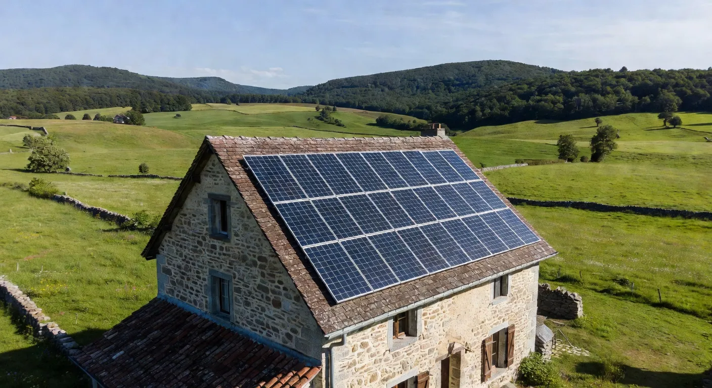 Panneaux solaires installés sur le toit d'une maison individuelle en Franche-Comté, paysage de Jura en arrière-plan