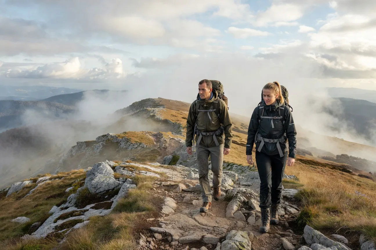 Randonneurs sur un plateau du Haut-Jura par temps mitige avec brouillard montant