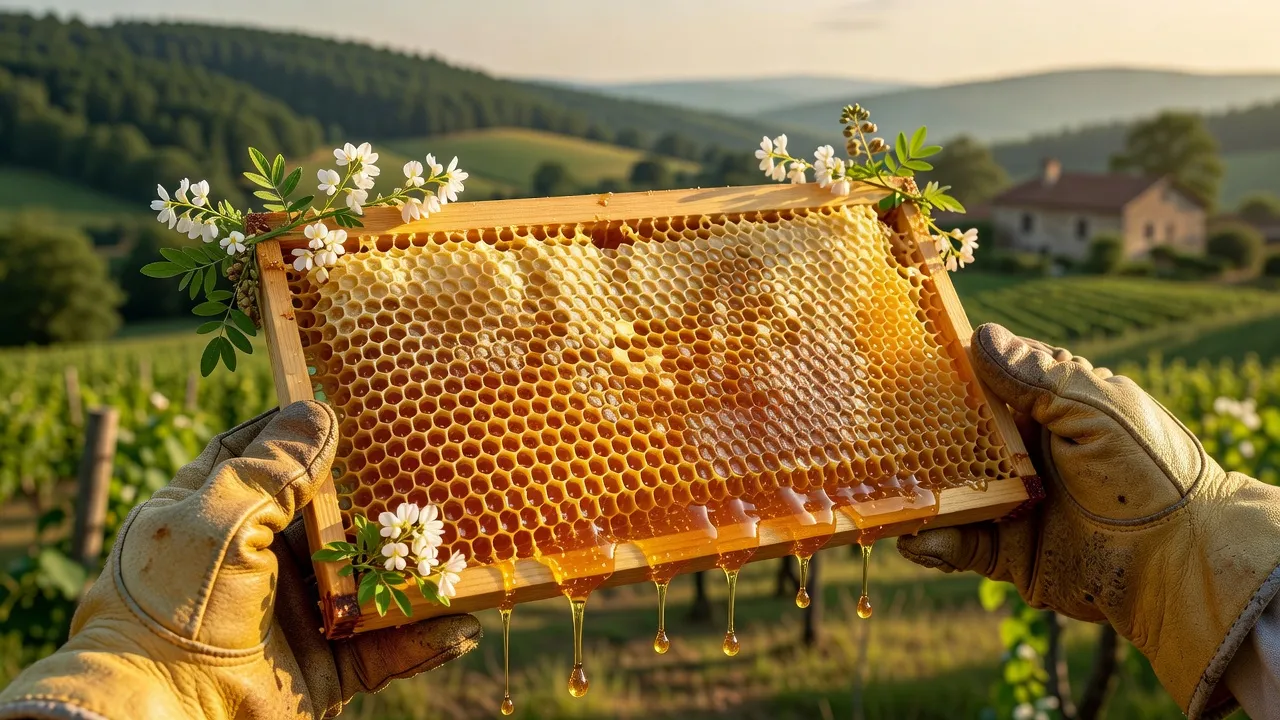 Rayon de miel d'acacia du Jura fraîchement extrait, d'une couleur transparente caractéristique