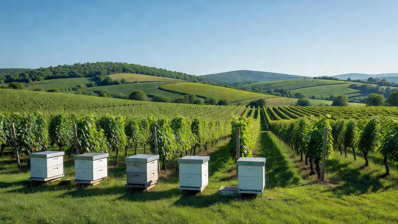 Ruches traditionnelles dans le vignoble d'Arbois au printemps, entourées d'acacias en fleurs